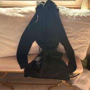 Black turtle neck sweater open shoulder cut out